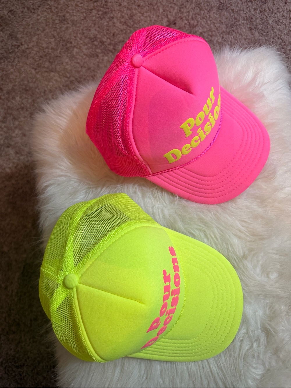 Neon Pink & Neon Yellow 'Poor Decisions' Trucker Hats